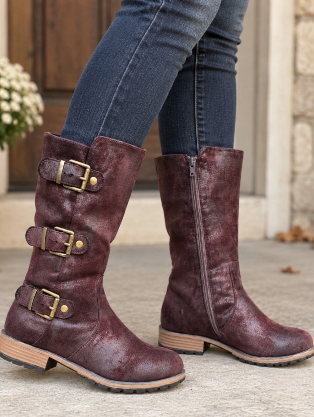 Ruff Hewn Maya Y2K Western Boho Triple Buckle Distressed Mid-calf Boots 8M